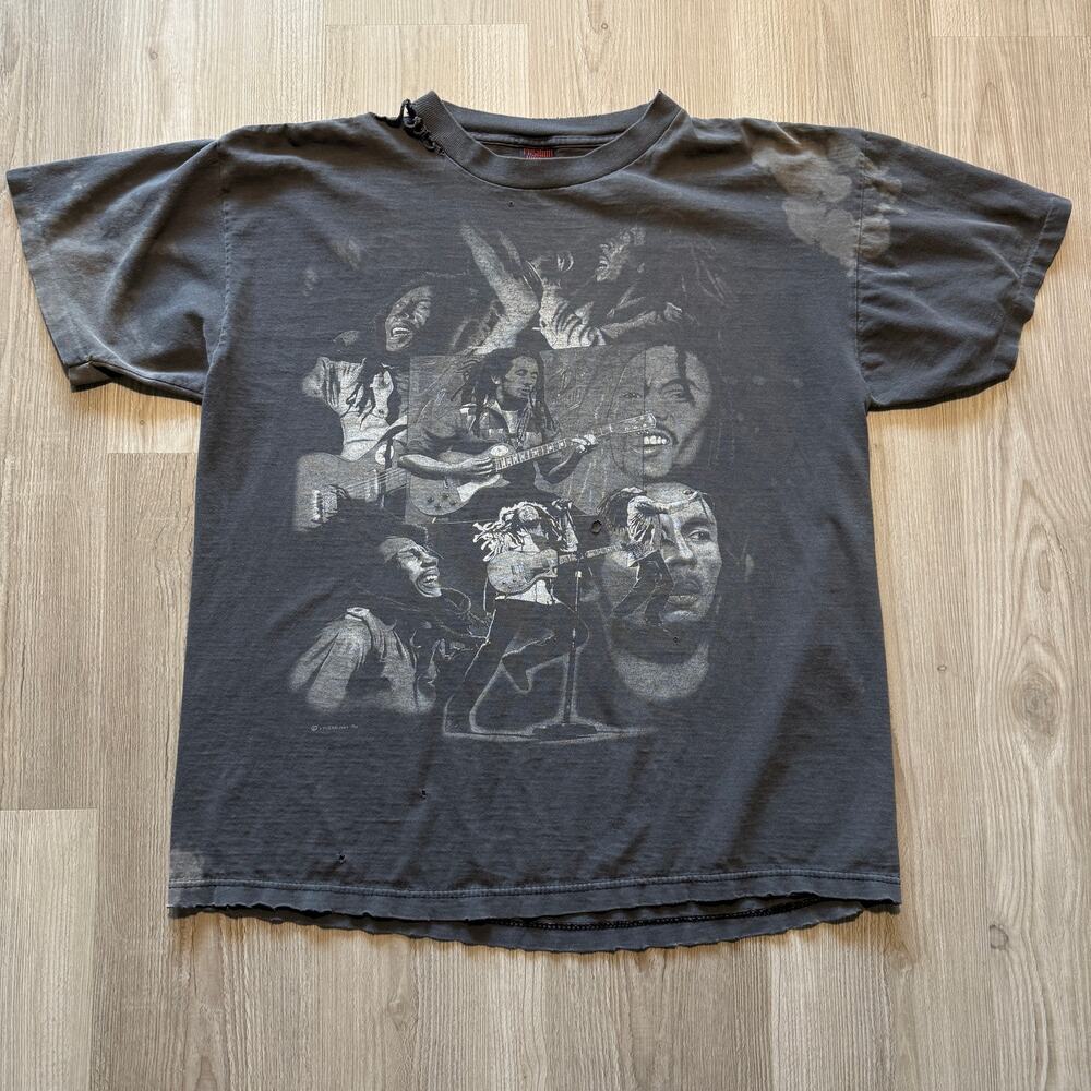 Vintage 90's Fashion Victim Bob Marley Faded Black Double Sided Tee Shirt Sz XL